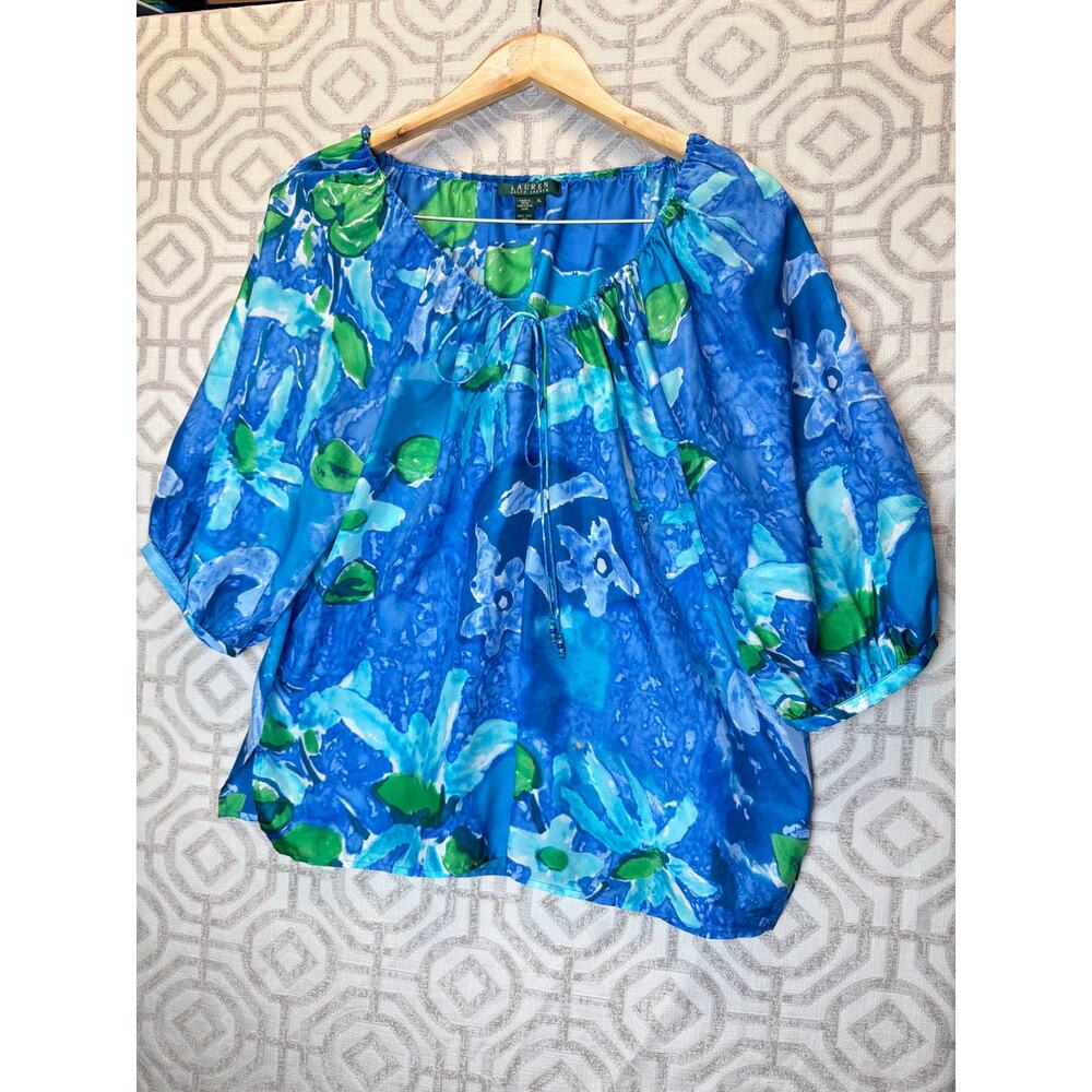 Lauren Ralph Lauren 100% silk blouse  blue green watercolor floral pattern XL